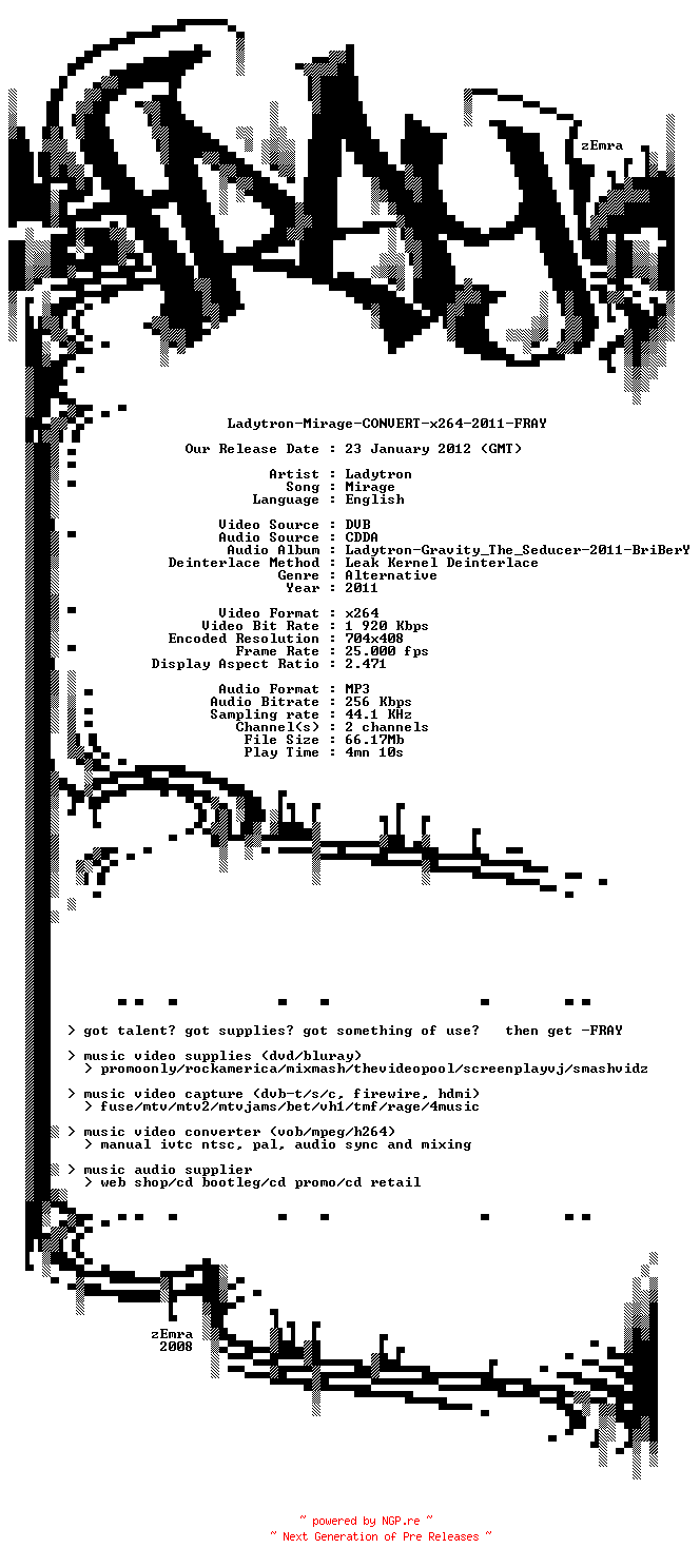 NFO for the release Ladytron-Mirage-CONVERT-x264-2011-FRAY by FRAY
