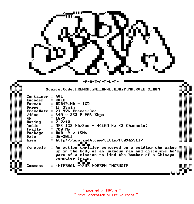 NFO for the release Source.Code.FRENCH.iNTERNAL.BDRiP.MD.XViD-SERUM by SERUM