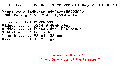 NFO for the release Le.Chateau.De.Ma.Mere.1990.720p.BluRay.x264-CiNEFiLE by CiNEFiLE