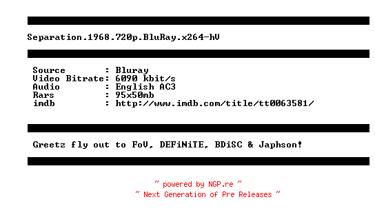 NFO for the release Separation.1968.720p.BluRay.x264-hV by hV