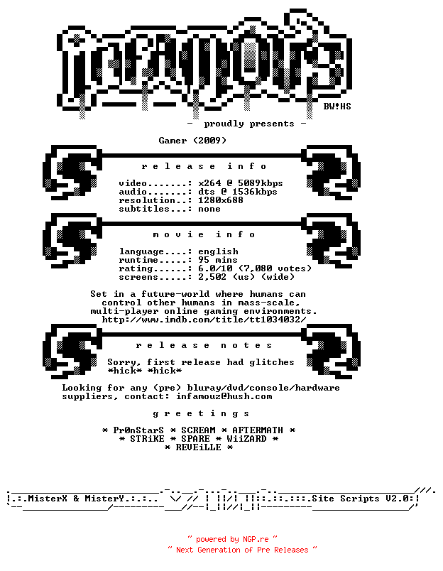 NFO for the release Gamer.REAL.REPACK.720p.BluRay.x264-iNFAMOUS by iNFAMOUS
