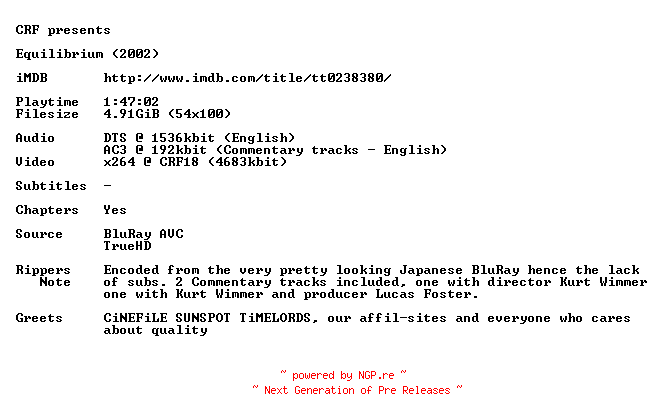 NFO for the release Equilibrium.2002.720p.BluRay.x264.iNT-CRF by CRF