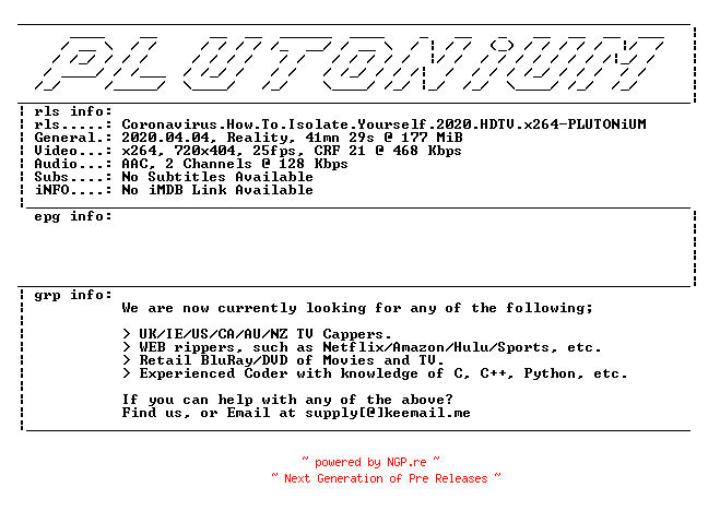 NFO for the release Coronavirus.How.To.Isolate.Yourself.2020.HDTV.x264-PLUTONiUM by PLUTONiUM