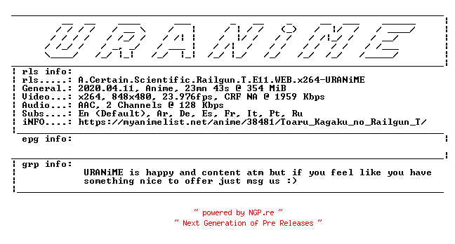 NFO for the release A.Certain.Scientific.Railgun.T.E11.WEB.x264-URANiME by URANiME