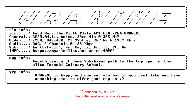 NFO for the release Food.Wars.The.Fifth.Plate.E01.WEB.x264-URANiME by URANiME