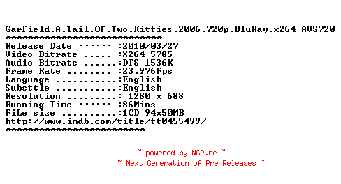 NFO for the release Garfield.A.Tail.Of.Two.Kitties.2006.720p.BluRay.x264-AVS720 by AVS720