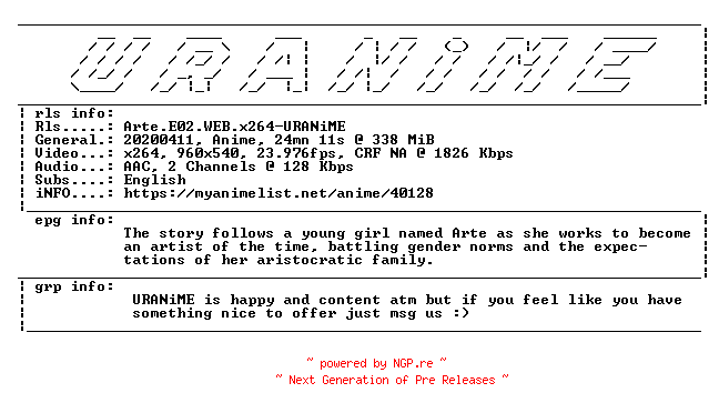 NFO for the release Arte.E02.WEB.x264-URANiME by URANiME