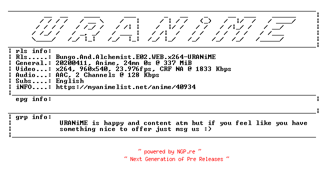 NFO for the release Bungo.And.Alchemist.E02.WEB.x264-URANiME by URANiME