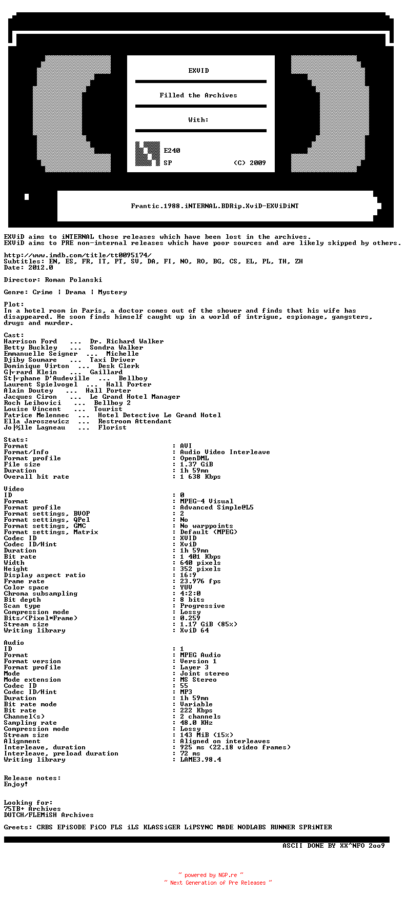 NFO for the release Frantic.1988.iNTERNAL.BDRip.XviD-EXViDiNT by EXViDiNT