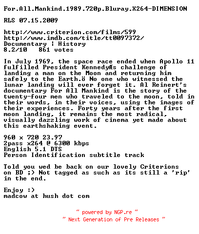 NFO for the release For.All.Mankind.1989.720p.Bluray.X264-DIMENSION by DIMENSION