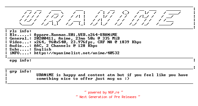 NFO for the release Appare.Ranman.E01.WEB.x264-URANiME by URANiME