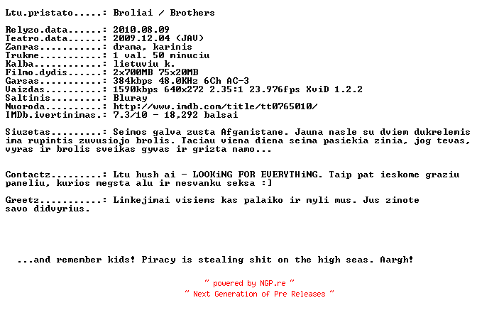 NFO for the release Brothers.2009.LT.BDRip.XviD-Ltu by Ltu