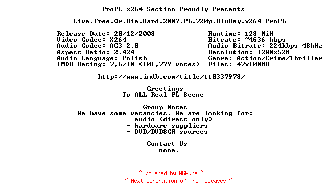 NFO for the release Live.Free.Or.Die.Hard.2007.PL.720p.BluRay.x264-ProPL by ProPL