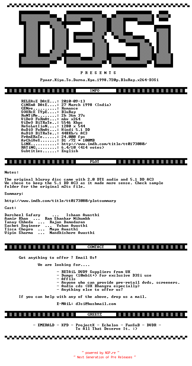 NFO for the release Pyaar.Kiya.To.Darna.Kya.1998.720p.BluRay.x264-D3Si by D3Si