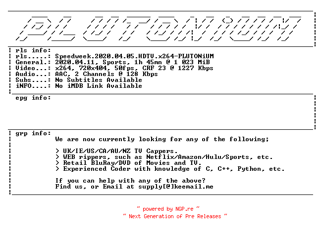 NFO for the release Speedweek.2020.04.05.HDTV.x264-PLUTONiUM by PLUTONiUM