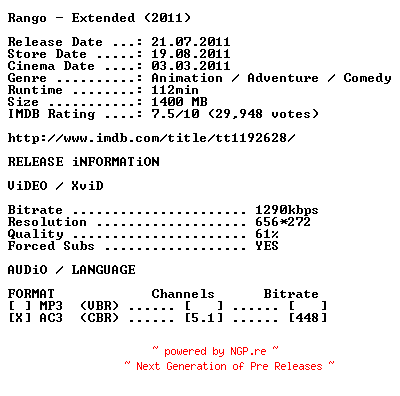 NFO for the release Rango.Extended.German.2011.AC3.BDRip.Xvid-Rango by Rango