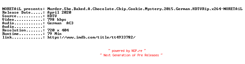 NFO for the release Murder.She.Baked.A.Chocolate.Chip.Cookie.Mystery.2015.German.HDTVRip.x264-NORETAiL by NORETAiL