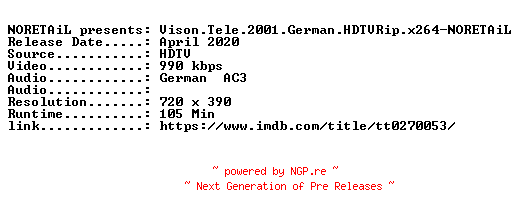 NFO for the release Vison.Tele.2001.German.HDTVRip.x264-NORETAiL by NORETAiL