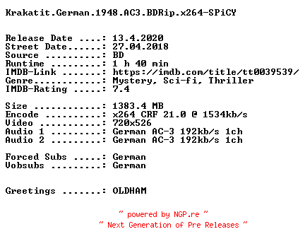 NFO for the release Krakatit.German.1948.AC3.BDRip.x264-SPiCY by SPiCY
