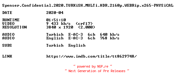 NFO for the release Spenser.Confidential.2020.TURKiSH.MULTi.HDR.2160p.WEBRip.x265-PHYSiCAL by PHYSiCAL