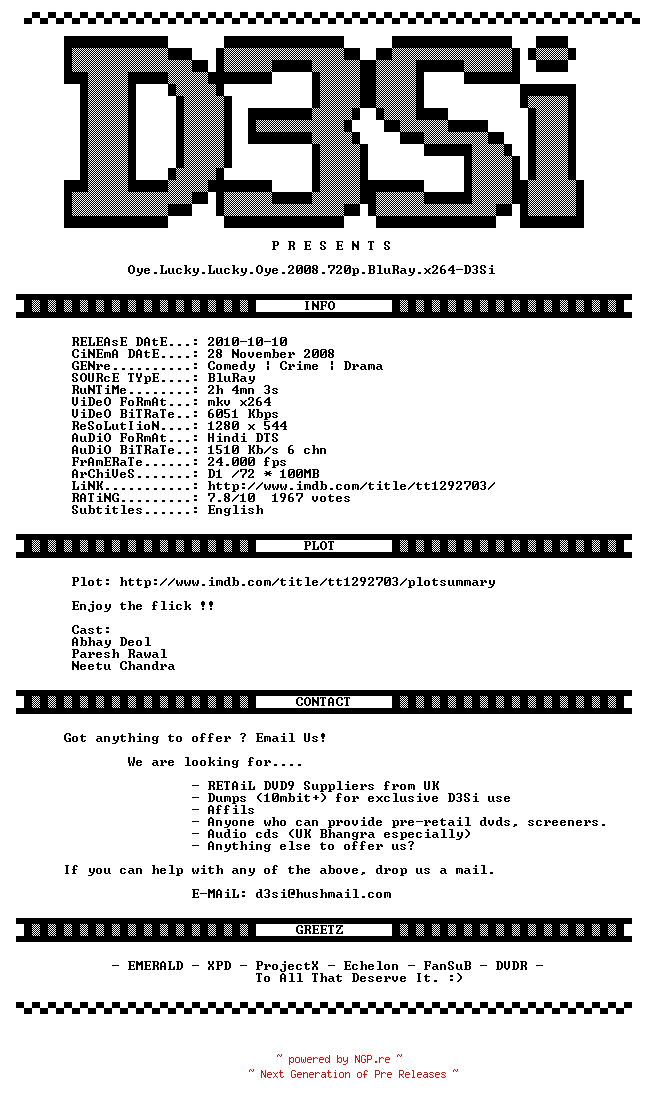 NFO for the release Oye.Lucky.Lucky.Oye.2008.720p.BluRay.x264-D3Si by D3Si