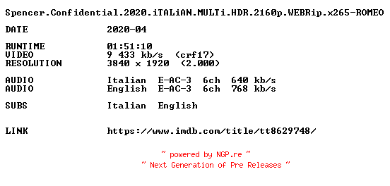 NFO for the release Spencer.Confidential.2020.iTALiAN.MULTi.HDR.2160p.WEBRip.x265-ROMEO by ROMEO