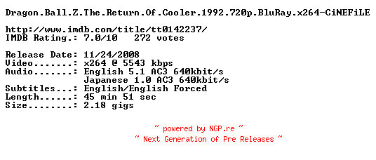 NFO for the release Dragon.Ball.Z.The.Return.Of.Cooler.1992.720p.BluRay.x264-CiNEFiLE by CiNEFiLE