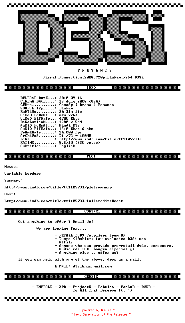 NFO for the release Kismat.Konnection.2008.720p.BluRay.x264-D3Si by D3Si
