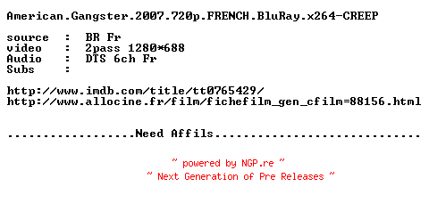NFO for the release American.Gangster.2007.720p.FRENCH.BluRay.x264-CREEP by CREEP