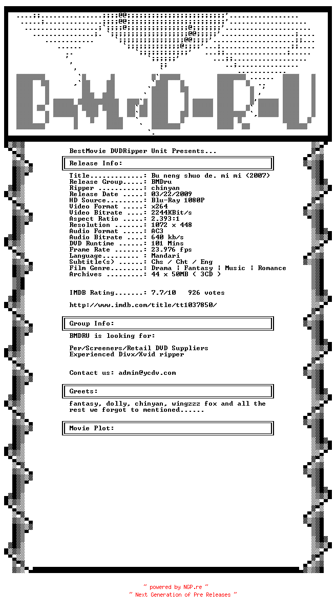 NFO for the release Secret.2007.BDRip.X264-BMDru by BMDru