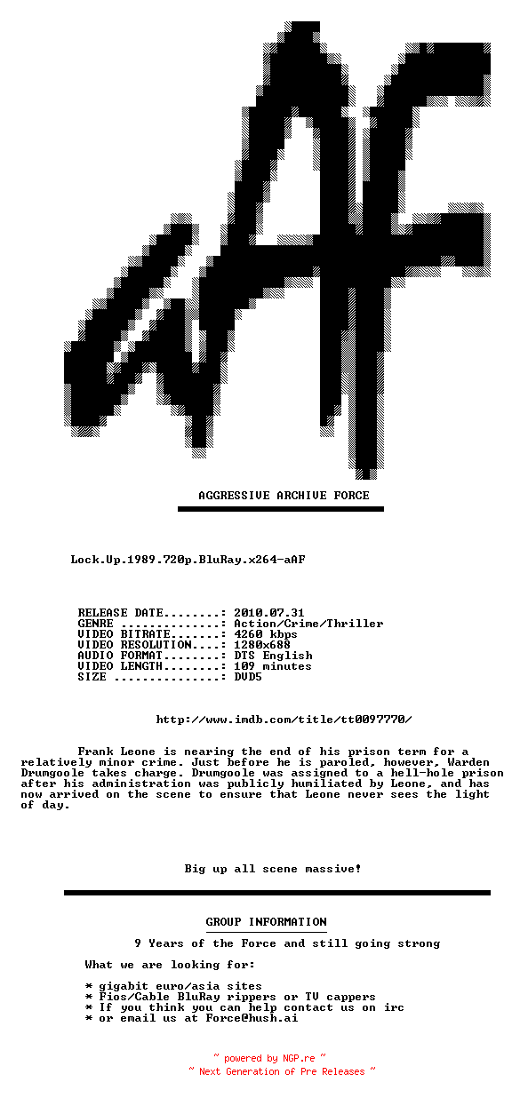 NFO for the release Lock.Up.1989.720p.BluRay.x264-aAF by aAF