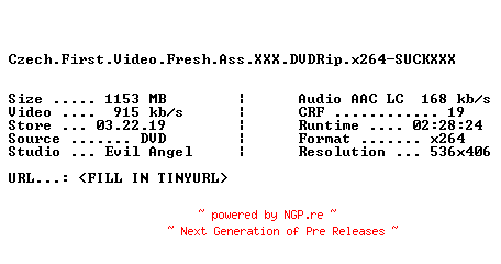 NFO for the release Czech.First.Video.Fresh.Ass.XXX.DVDRip.x264-SUCKXXX by SUCKXXX