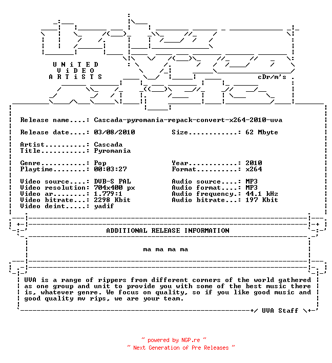 NFO for the release Cascada-pyromania-repack-convert-x264-2010-uva by uva