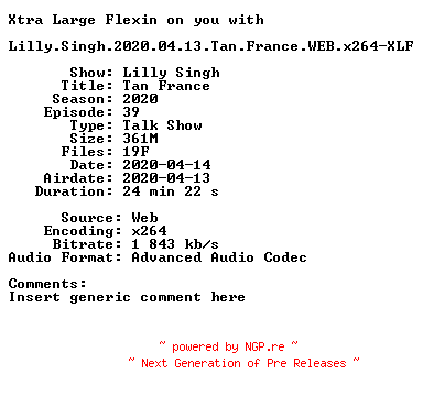 NFO for the release Lilly.Singh.2020.04.13.Tan.France.WEB.x264-XLF by XLF