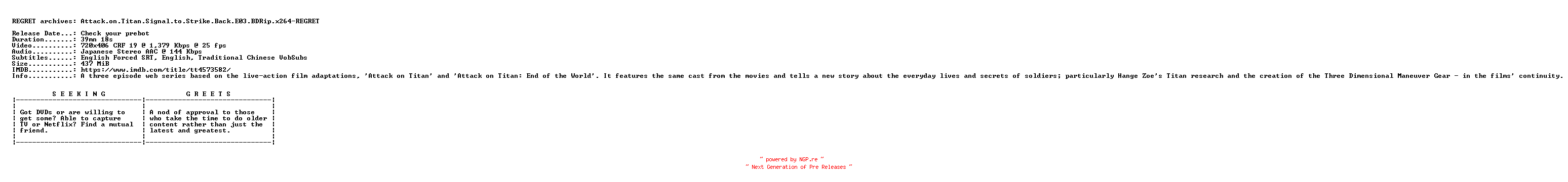 NFO for the release Attack.on.Titan.Signal.to.Strike.Back.E03.BDRip.x264-REGRET by REGRET