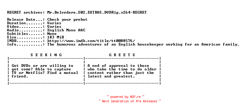 NFO for the release Mr.Belvedere.S02.EXTRAS.DVDRip.x264-REGRET by REGRET