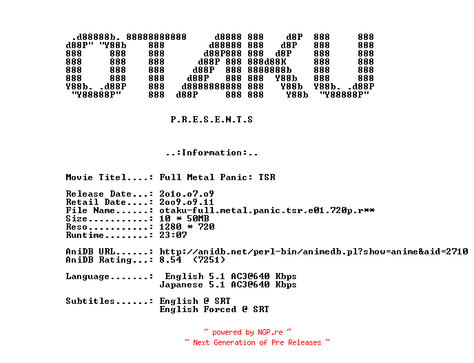 NFO for the release Full.Metal.Panic.The.Second.Raid.E08.Jungle.Groove.720p.Bluray.x264-OTAKU by OTAKU
