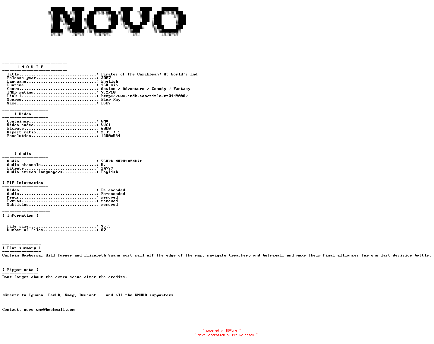 NFO for the release Pirates.Of.The.Caribbean.At.Worlds.End.2007.BluRay.VC1.720p.5.1.WMV-NOVO by NOVO