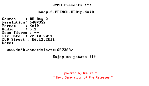 NFO for the release Honey.2.FRENCH.BDRip.XviD-AYMO by AYMO