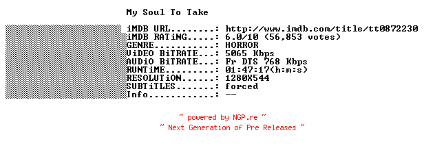 NFO for the release My.Soul.To.Take.2010.FRENCH.720p.BluRay.x264-THENiGHTMAREiNHD by THENiGHTMAREiNHD