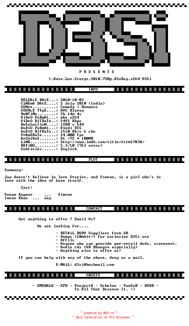 NFO for the release I.Hate.Luv.Storys.2010.720p.BluRay.x264-D3Si by D3Si