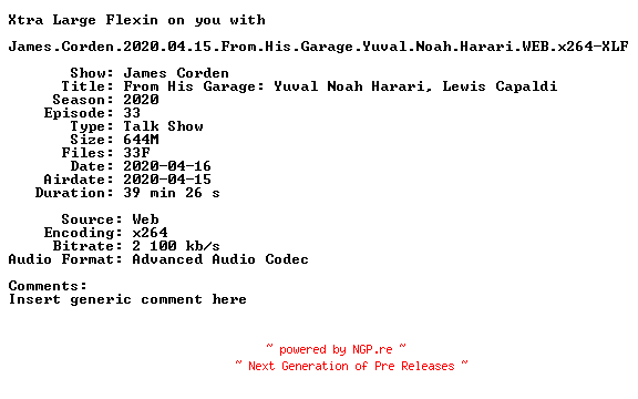 NFO for the release James.Corden.2020.04.15.From.His.Garage.Yuval.Noah.Harari.WEB.x264-XLF by XLF
