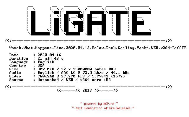 NFO for the release Watch.What.Happens.Live.2020.04.13.Below.Deck.Sailing.Yacht.WEB.x264-LiGATE by LiGATE