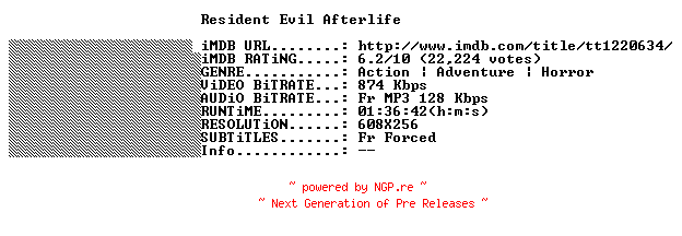 NFO for the release Resident.Evil.Afterlife.2010.FRENCH.BDRiP.XViD-THENiGTHMARE by THENiGTHMARE