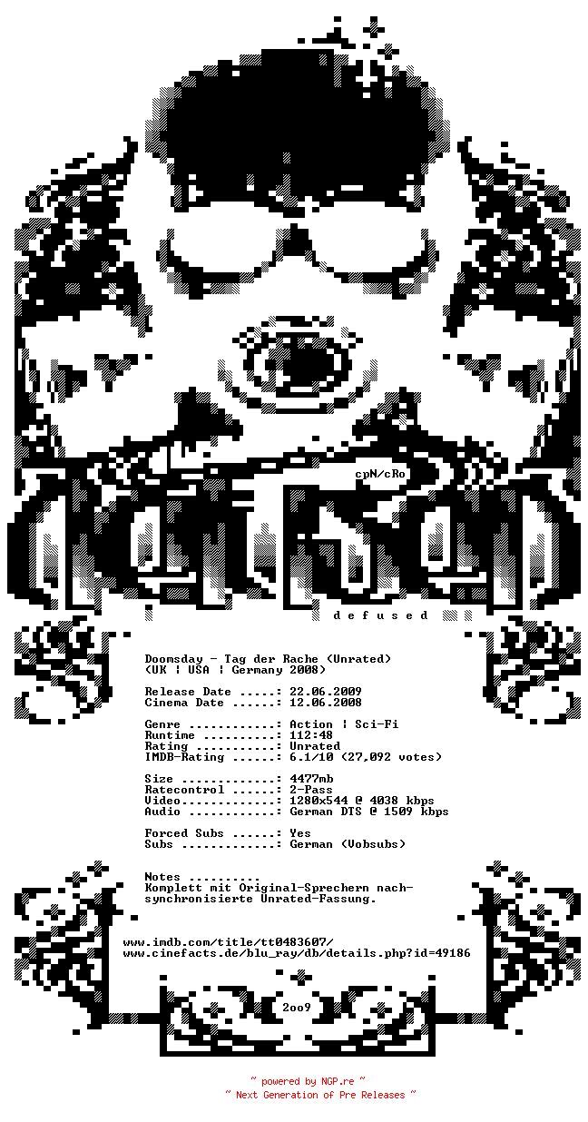 NFO for the release Doomsday.Tag.der.Rache.UNRATED.German.720p.BluRay.x264-DEFUSED by DEFUSED