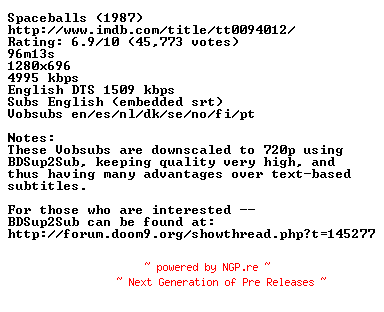 NFO for the release Spaceballs.1987.720p.BluRay.x264-BestHD by BestHD