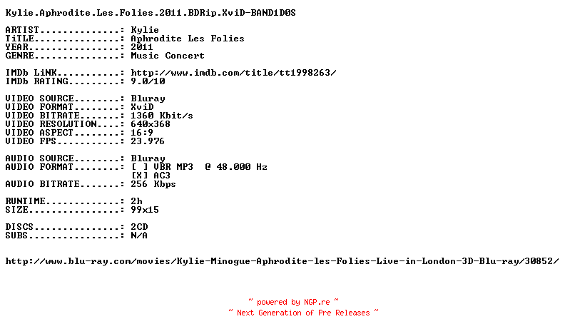 NFO for the release Kylie.Aphrodite.Les.Folies.2011.BDRip.XviD-BAND1D0S by BAND1D0S