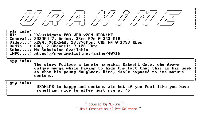 NFO for the release Kakushigoto.E03.WEB.x264-URANiME by URANiME