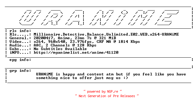 NFO for the release Millionaire.Detective.Balance.Unlimited.E02.WEB.x264-URANiME by URANiME