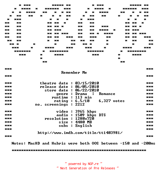 NFO for the release Remember.Me.REAL.PROPER.720p.Bluray.x264-CBGB by CBGB